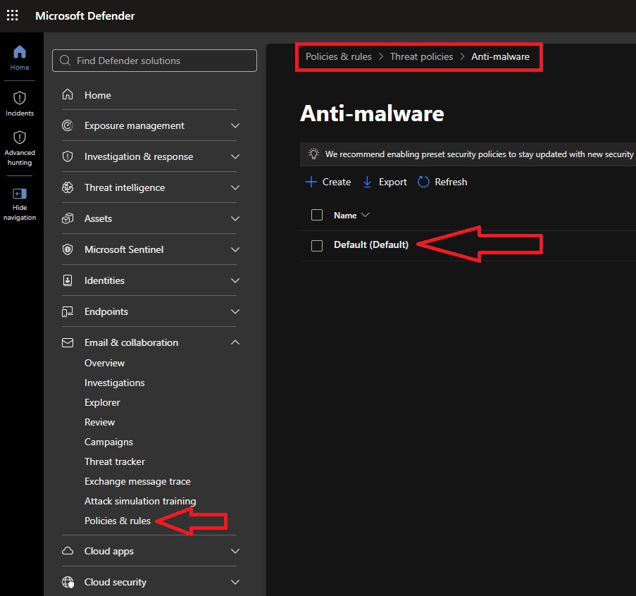 Anti-malware politika v Microsoft Defender pro Office 365
