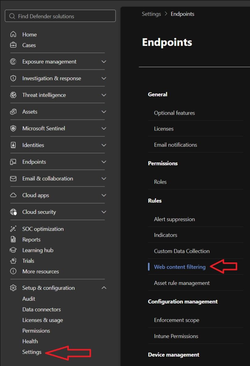 Web Content Filtering politika v Microsoft Defender for Endpoint